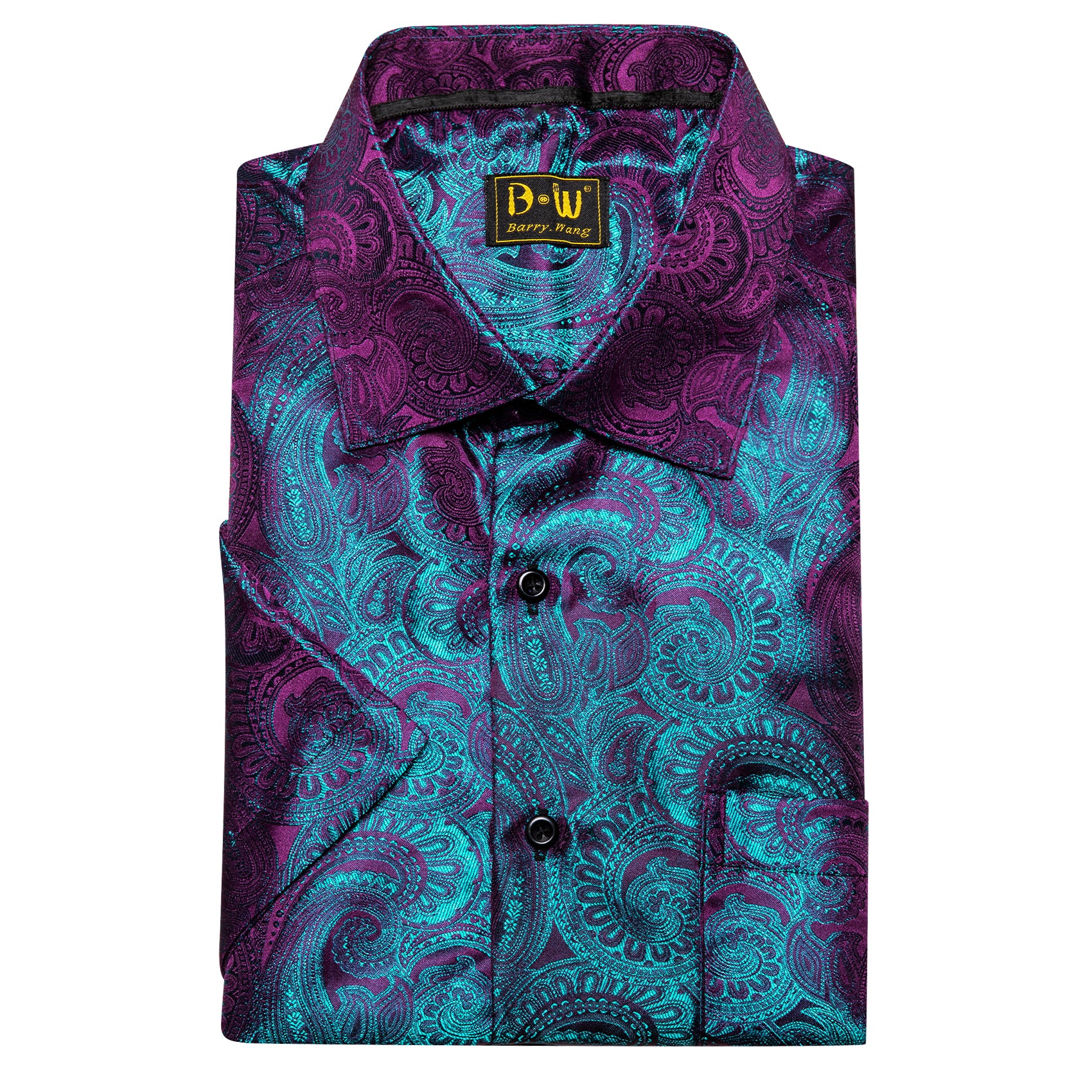 Barry. Wang Purple Blue Paisley Jacquard Short Sleeve Button Up Shirt