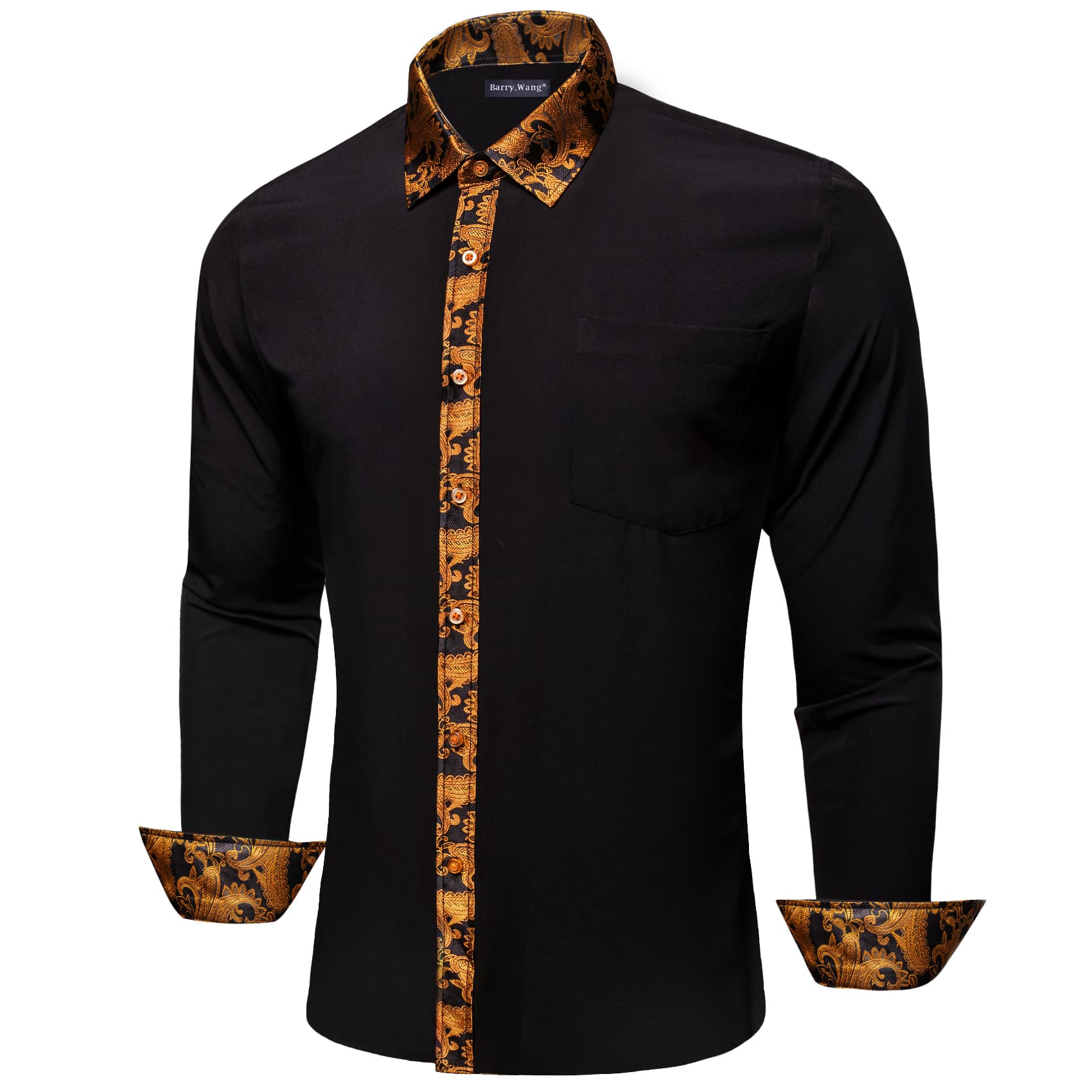 black and gold mens dress shirt Barry.Wang Paisley Splicing Shirt Black Long Sleeve Dress Shirt Men –  Barry. Wang