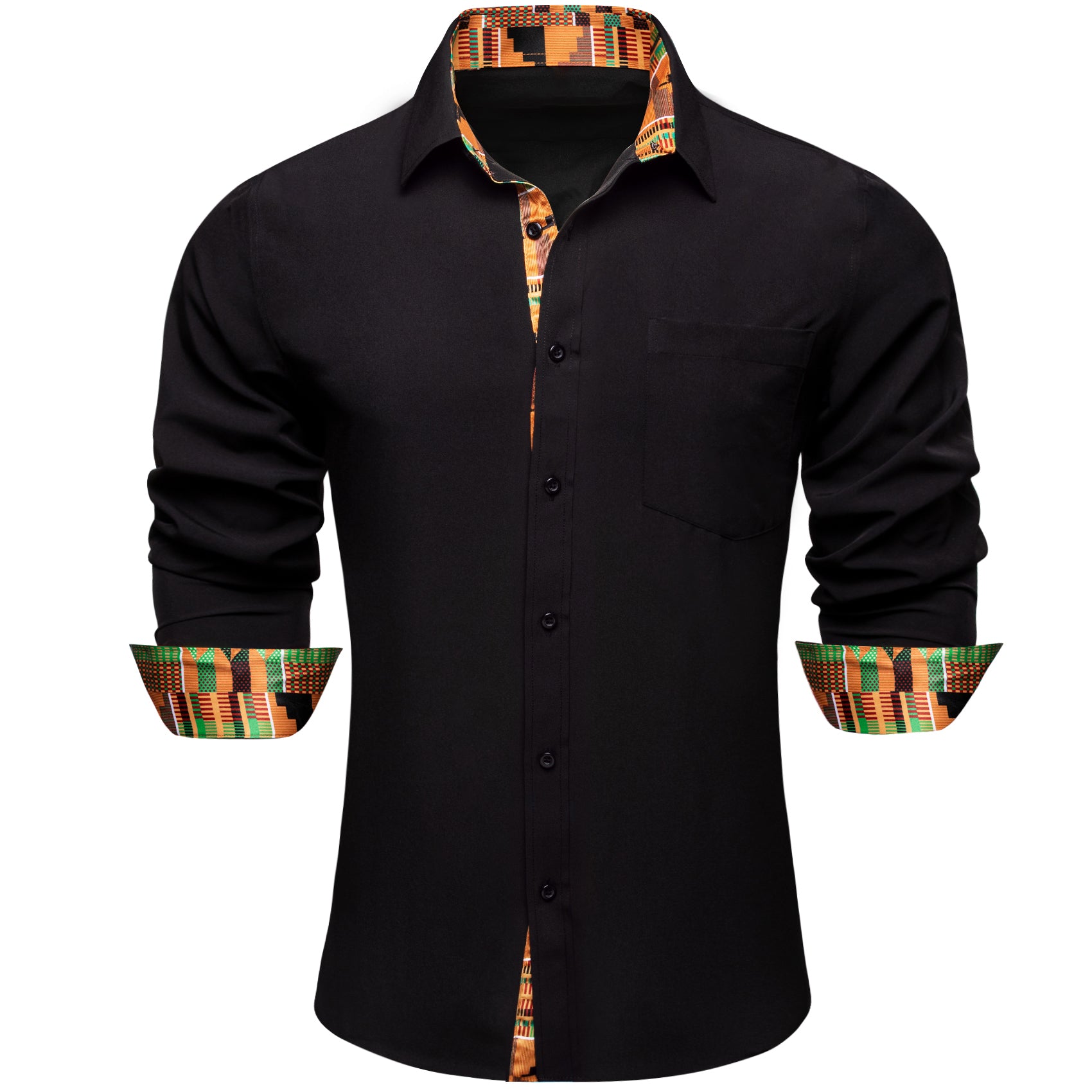 Barry. Wang Black Yellow Splicing Shirt Mens Silk Long Sleeve Button Down Novelty Shirt
