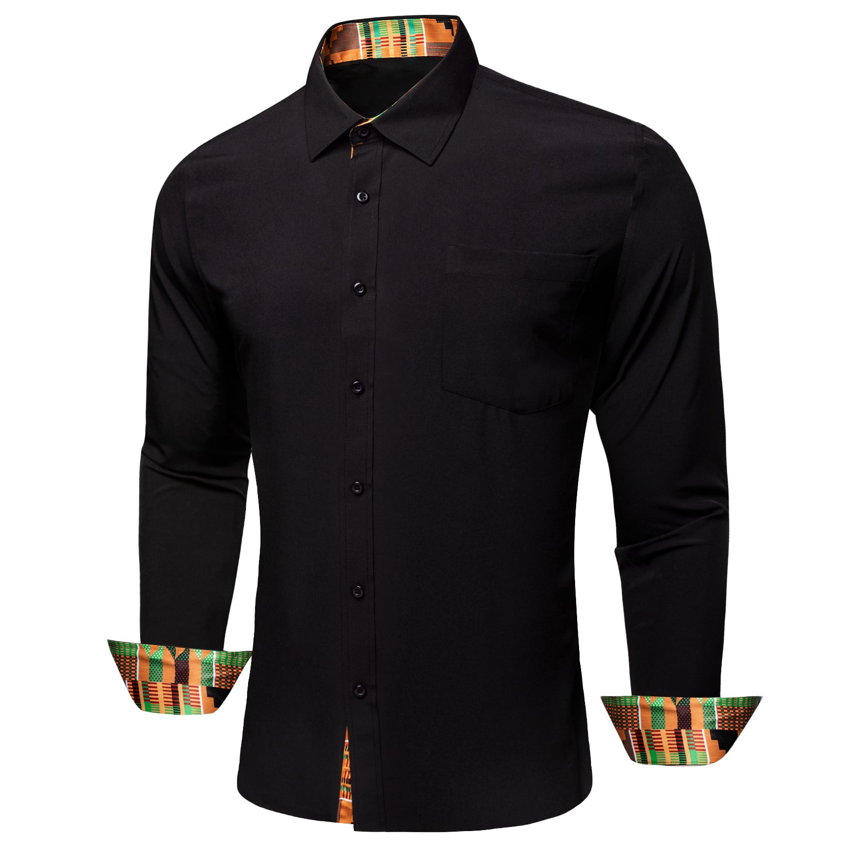 Barry. Wang Black Yellow Splicing Shirt Mens Silk Long Sleeve Button Down Novelty Shirt
