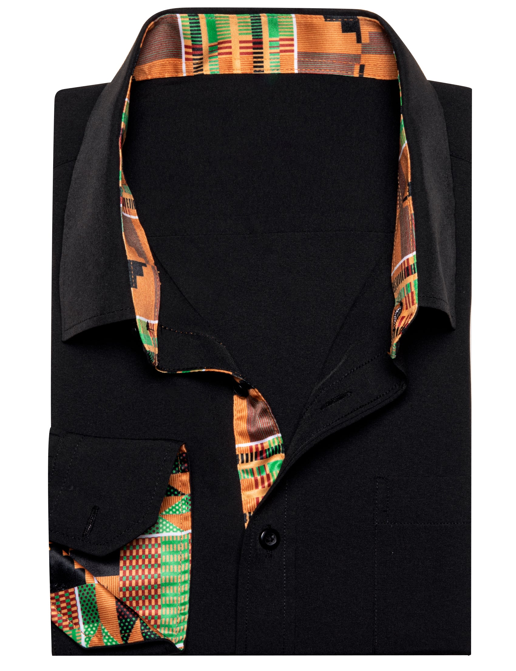 Barry. Wang Black Yellow Splicing Shirt Mens Silk Long Sleeve Button Down Novelty Shirt