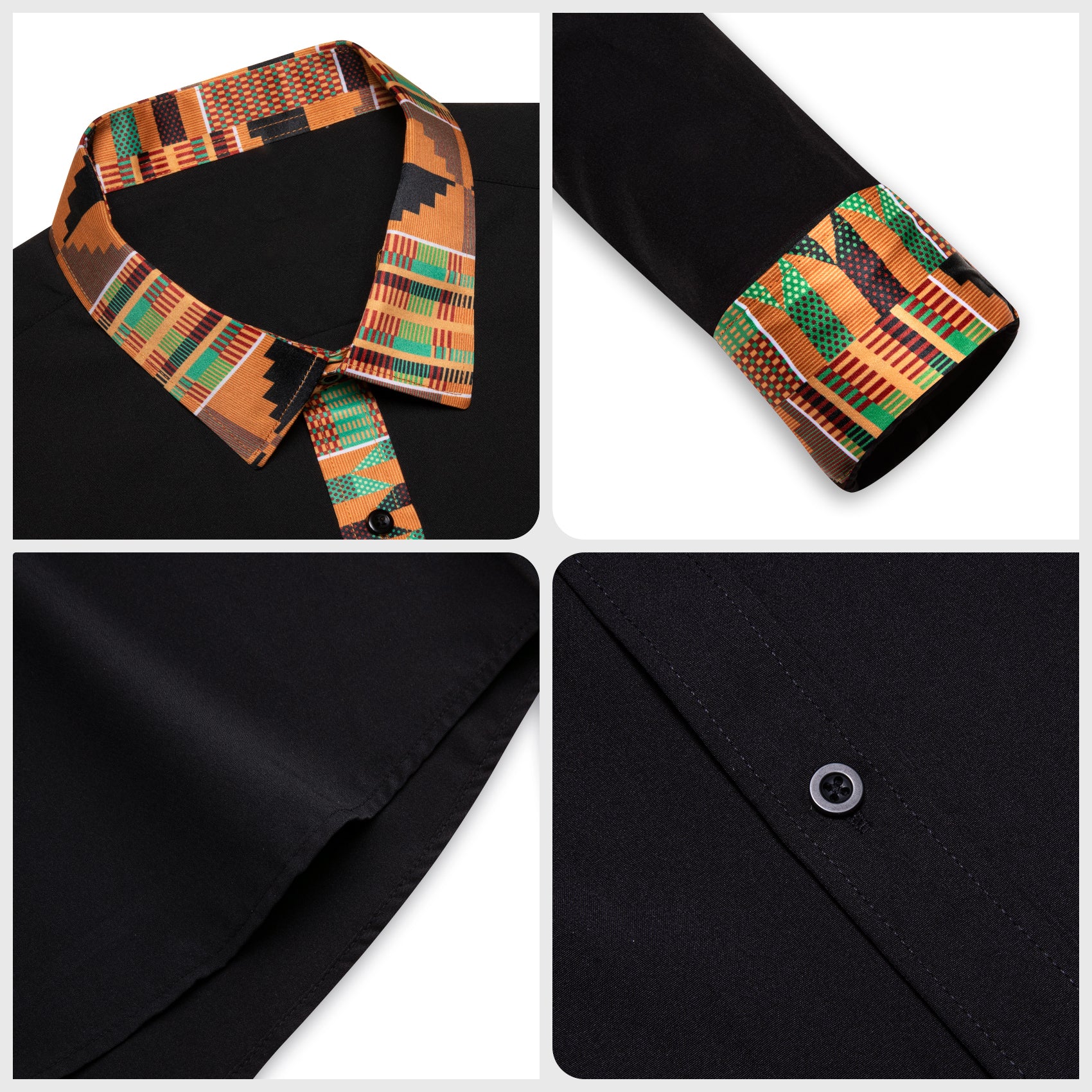 Barry. Wang Black Yellow Splicing Shirt Mens Silk Long Sleeve Button Down Novelty Shirt