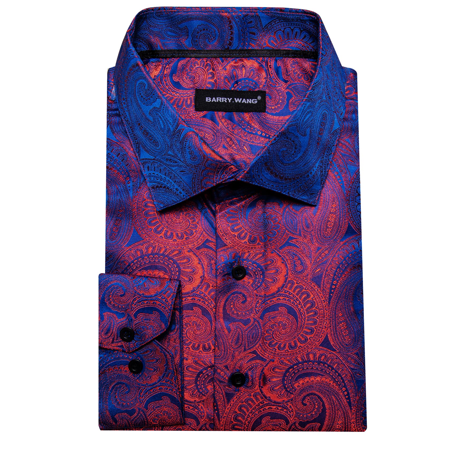 Barry. Wang Mens Paisley Club Shirt Blue Red Silk Long Sleeve Dress Sh