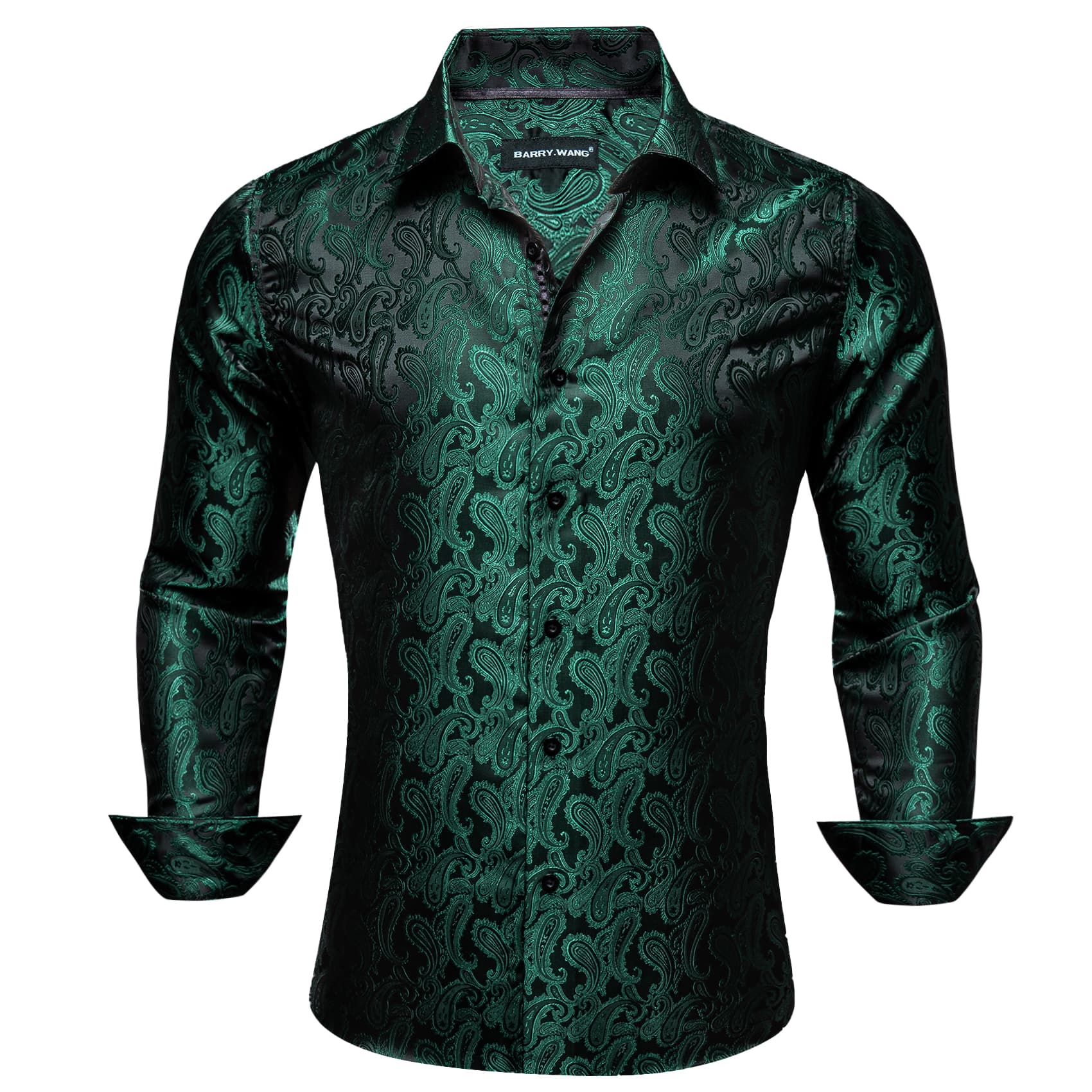 Barry. Wang Mens Hunter Green Casual Shirts Paisley Jacquard Long Slee