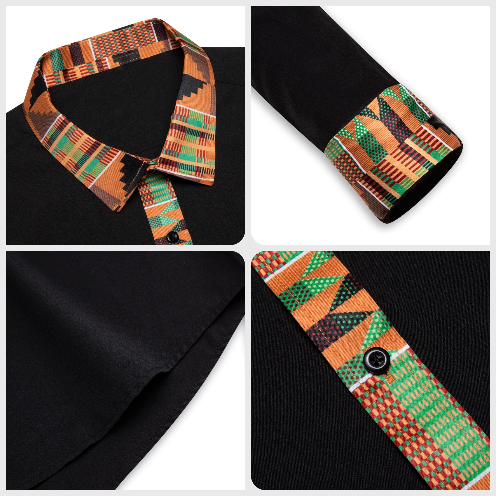 Barry. Wang Black Yellow Patchwork Shirt Mens Silk Long Sleeve Button Down Novelty Shirt