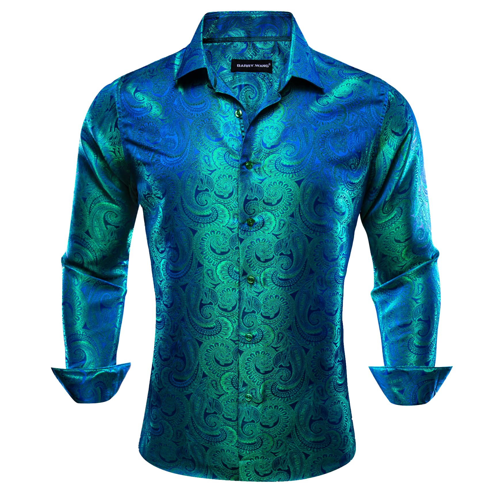 Barry. Wang Emerald Green Paisley Shirt Blue Jacquard Button Down Shirt, S Barry. Wang Emerald Green Paisley Shirt Blue Jacquard Button Down Shirt, S