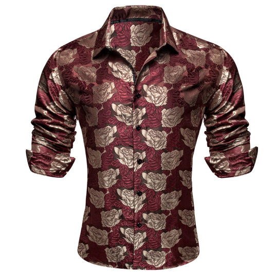 Barry. Wang Gold Floral Button Up Shirt Casual Burgundy Silk Long Sleeve Dress Shirt