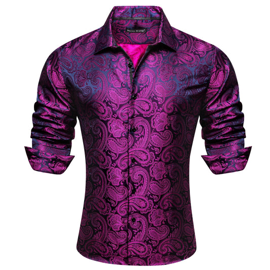 Barry. Wang Purple Casual Shirt Button Down Paisley Jacquard Long Sleeve Shirt