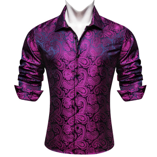 Barry. Wang Purple Casual Shirt Button Down Paisley Jacquard Long Sleeve Shirt