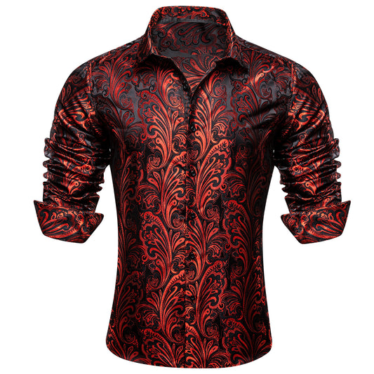 Barry. Wang Black Orange Floral Shirt Silk Long Sleeve Collar Dress Shirt For Men