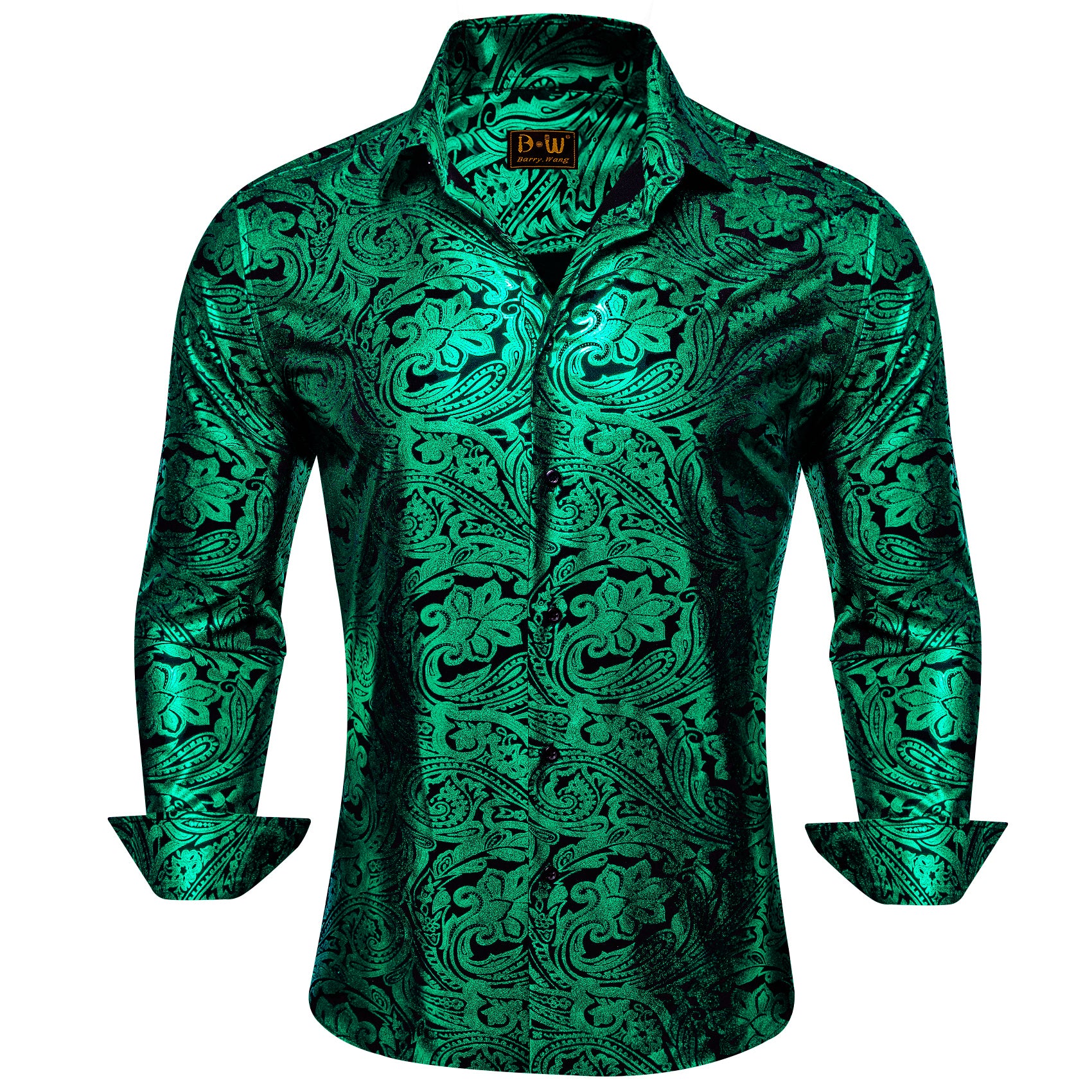 Barry. Wang Emerald Green Button Down Shirt Paisley Dress Long Sleeve