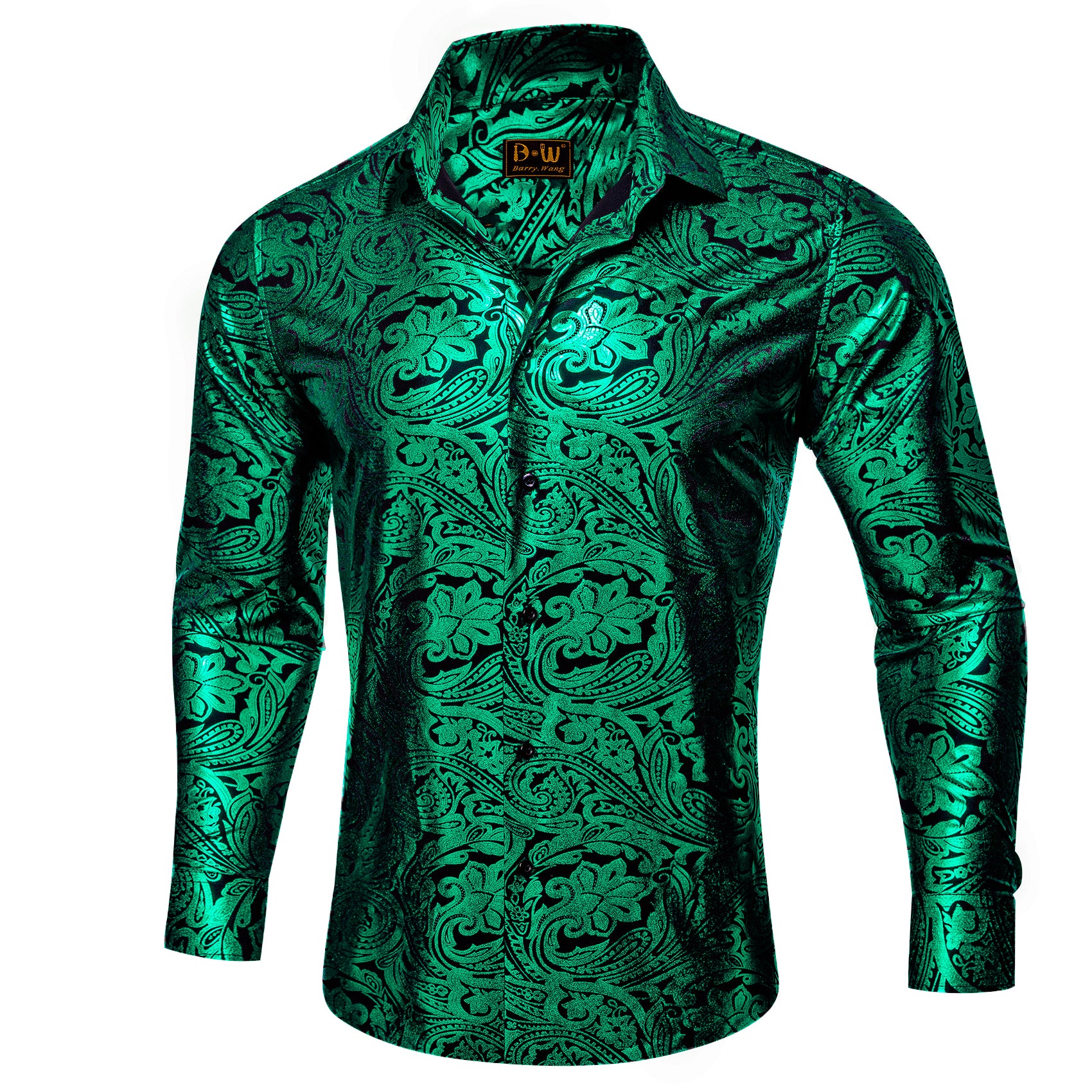 Barry. Wang Emerald Green Paisley Long Sleeve Button Down Shirt for Men