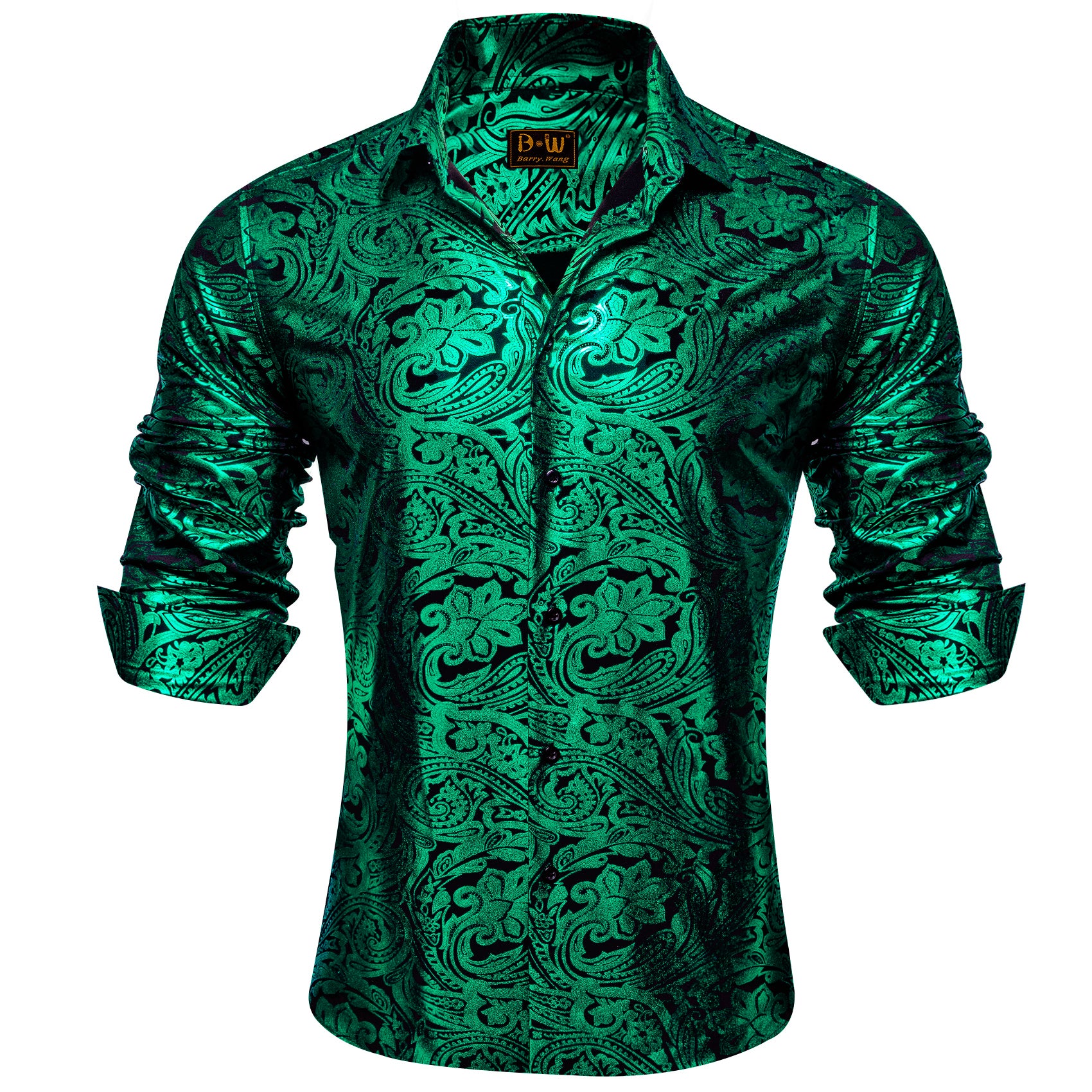 Barry. Wang Emerald Green Paisley Long Sleeve Button Down Shirt for Men
