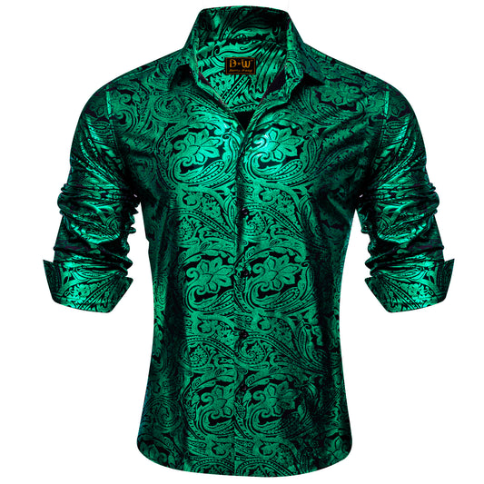Barry. Wang Emerald Green Paisley Long Sleeve Button Down Shirt for Men