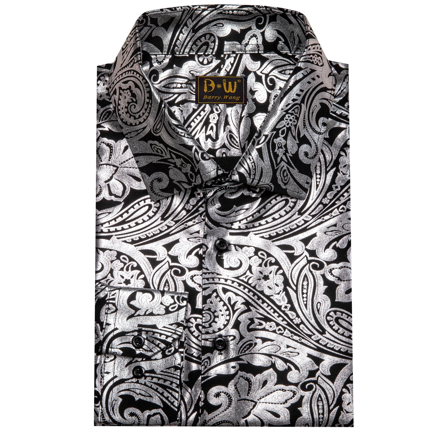 Barry. Wang Silver Paisley Long Sleeve Button Down Dress Shirt for Men