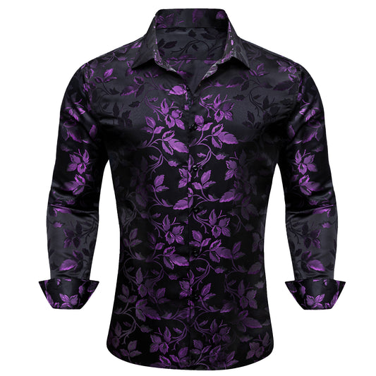 Barry. Wang Purple Floral Dress Shirt for Men Long Sleeve Button Down Shirt