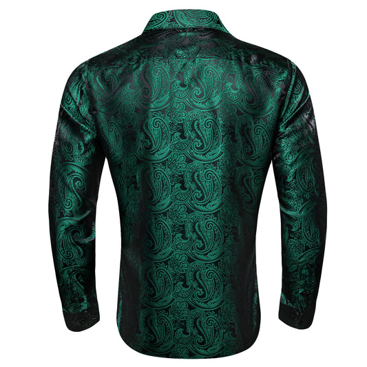 Barry. Wang Hunter Green Casual Shirt for Party Paisley Button Down Long Sleeve Shirt