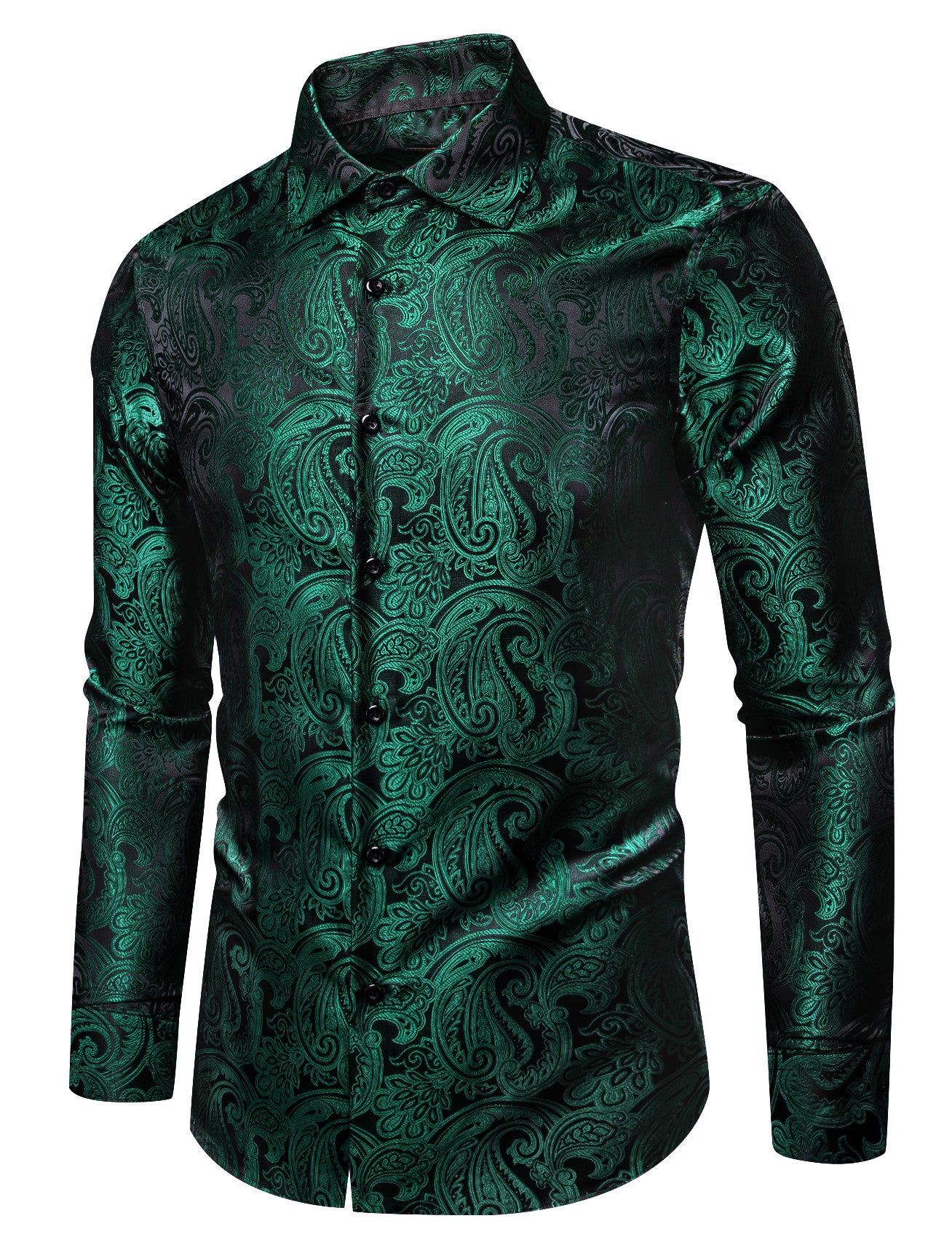 Barry. Wang Mens Hunter Green Dress Shirt Paisley Silk Long Sleeve Button Down Shirt