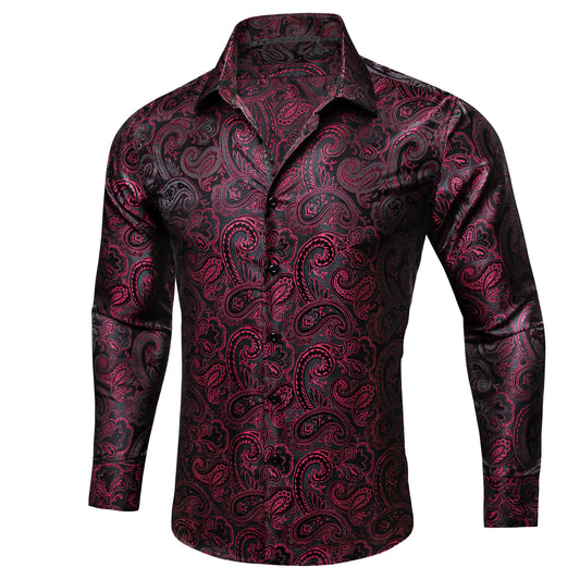 Barry. Wang Mens Burgundy Dress Shirt Paisley Silk Long Sleeve Button Down Shirt