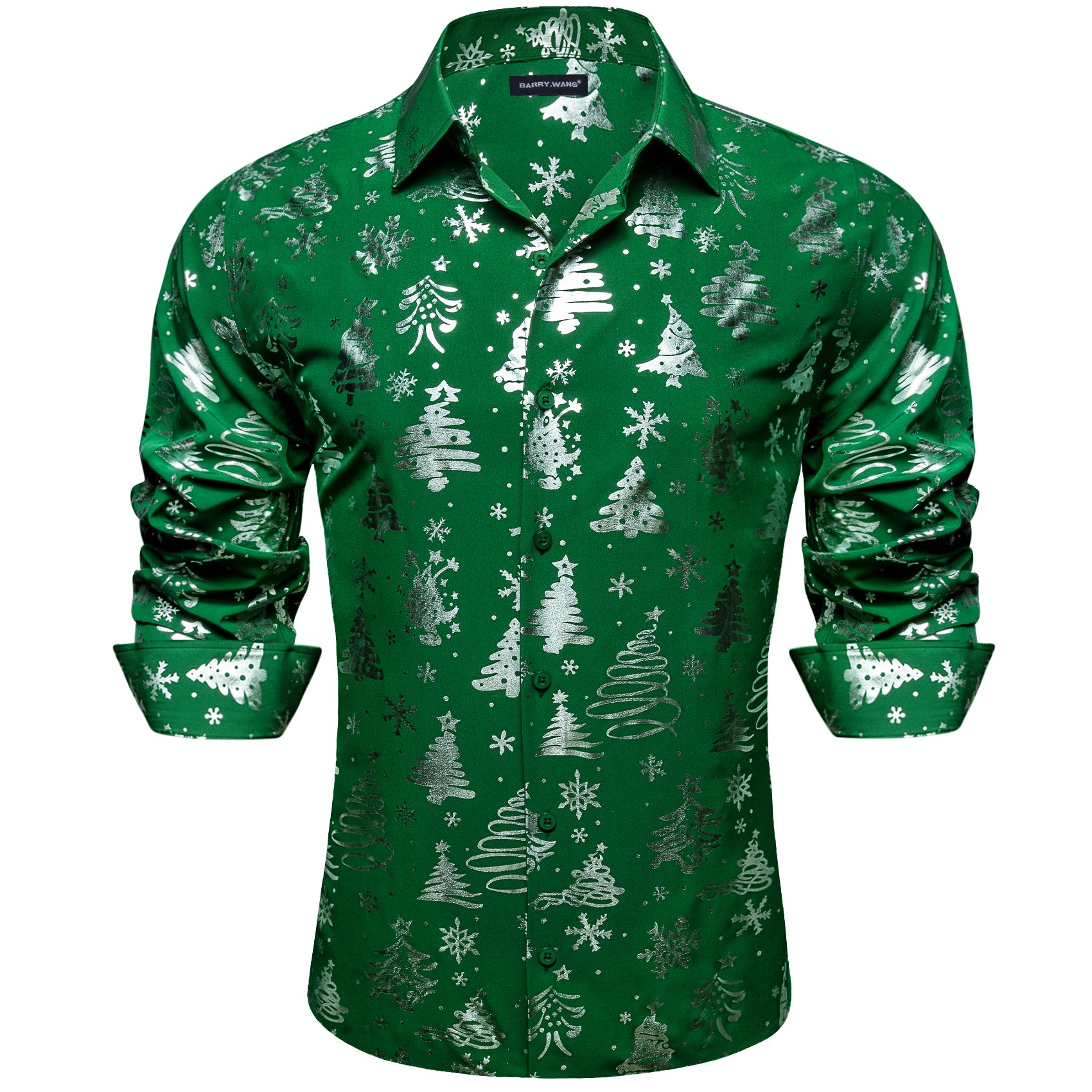 Barry. Wang Holiday Dress Shirt Green Xmas Pattern Long Sleeve Button Up Shirt