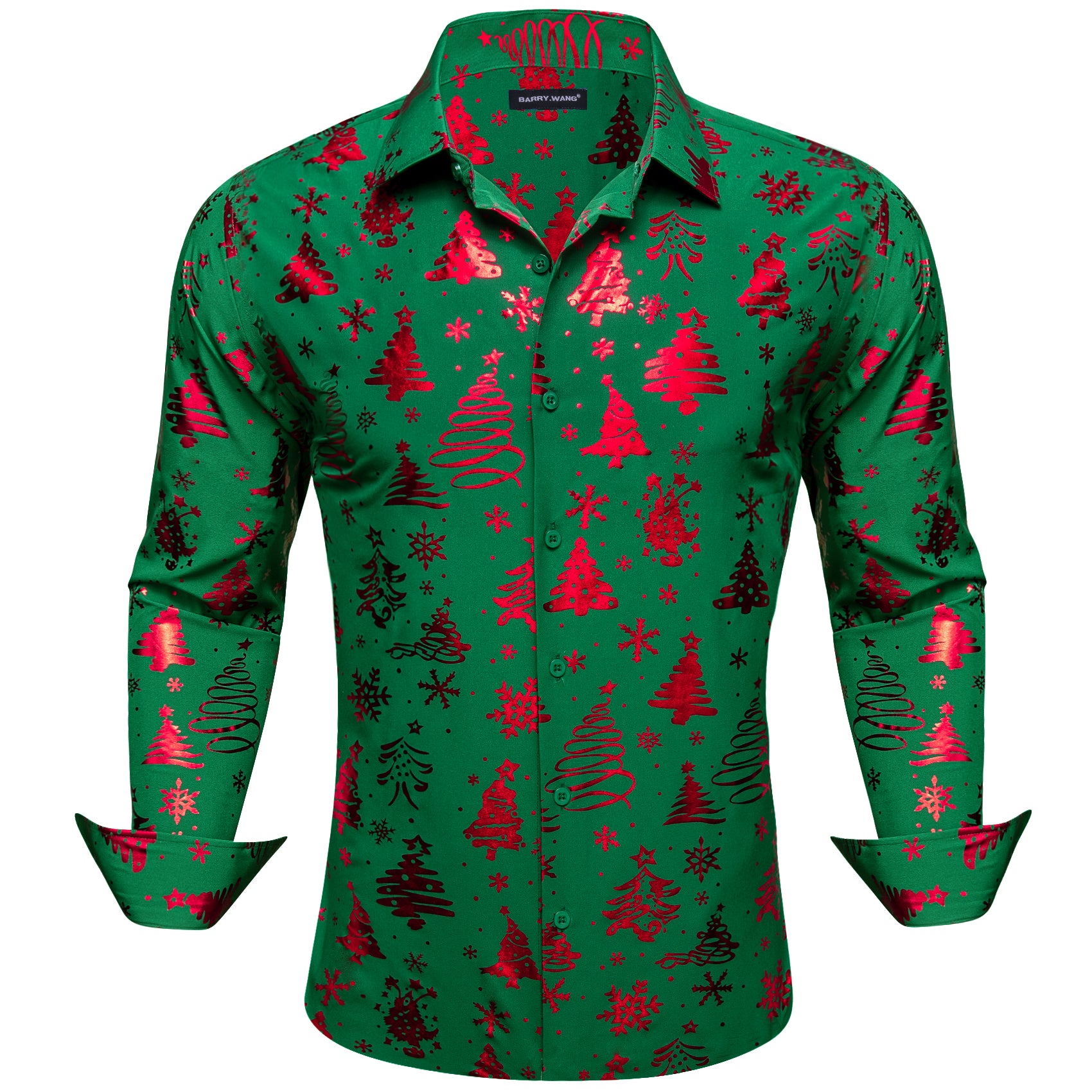 Barry. Wang Holiday Green Dress Shirt Red Xmas Pattern Silk Mens Long Sleeve Shirt