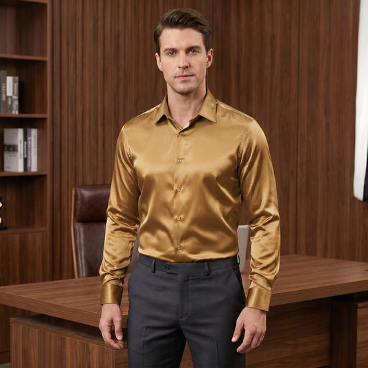 Barry. Wang Copper Dress Shirt Regular Fit Satin Solid Wedding Button Down Shirt