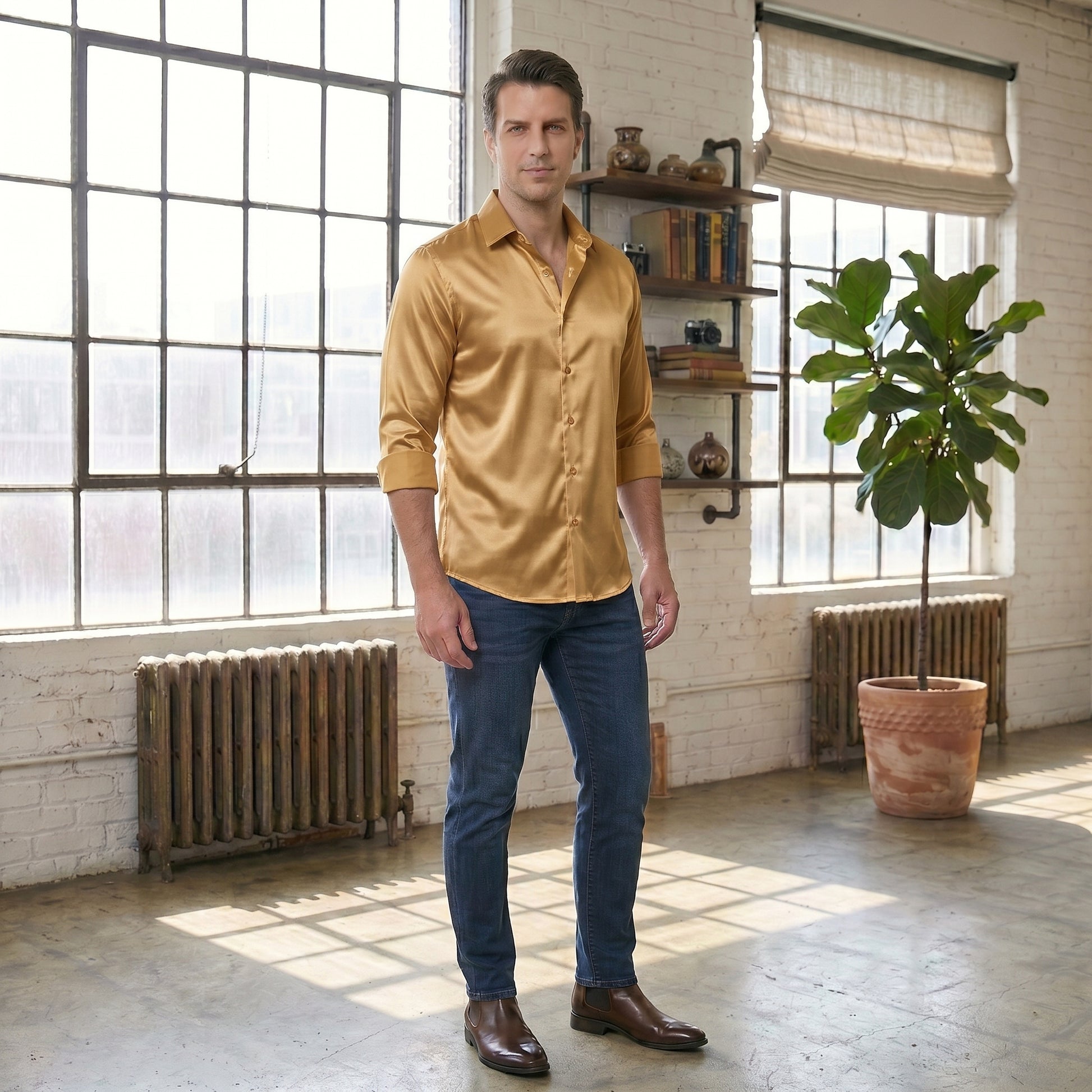 mens wedding dress shirts Barry. Wang Gold Business Casual Dress Shirt for Men Satin Solid Wrinkle Free Button Down Work Shirt, L