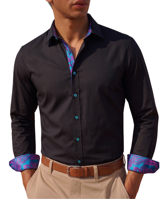 Barry. Wang Black Dress Shirt Mens Splicing Silk Casual Party Club Long Sleeve Shirt