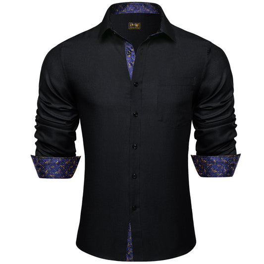 Barry. Wang Black Navy Contrast Shirt Mens Silk Long Sleeve Business Shirt