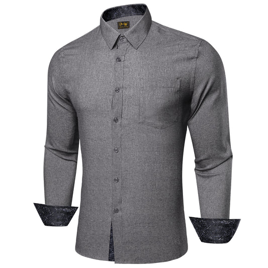 Barry. Wang Grey Black Contrast Shirt Mens Silk Long Sleeve Business Shirt