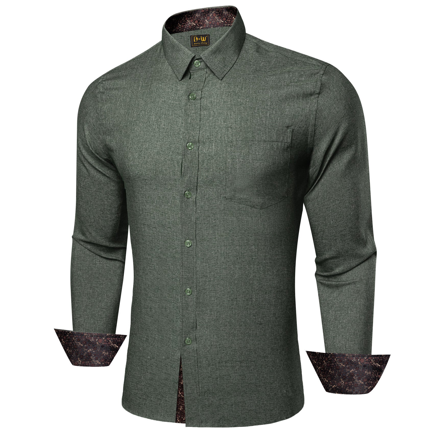 Barry. Wang Green Contrast Shirt Mens Silk Long Sleeve Business Shirt