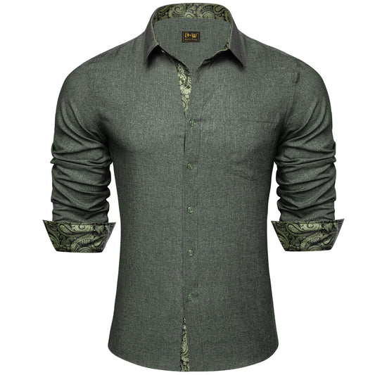Barry. Wang Olive Contrast Shirt Contrast Collar Wrinkle Free Button Up Shirt