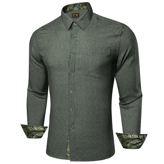 Barry. Wang Olive Contrast Shirt Contrast Collar Wrinkle Free Button Up Shirt