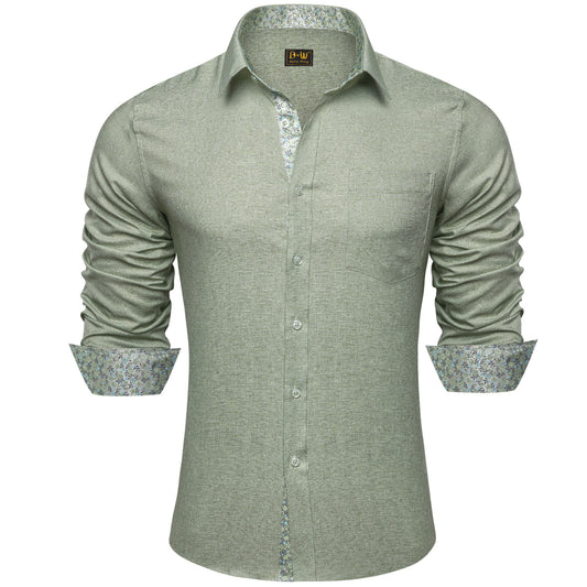 Barry. Wang Sage Green Contrast Shirt Mens Silk Long Sleeve Business Shirt