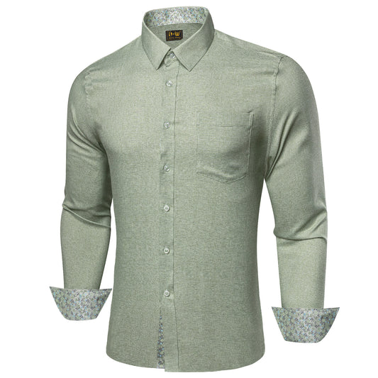 Barry. Wang Sage Green Contrast Shirt Mens Silk Long Sleeve Business Shirt
