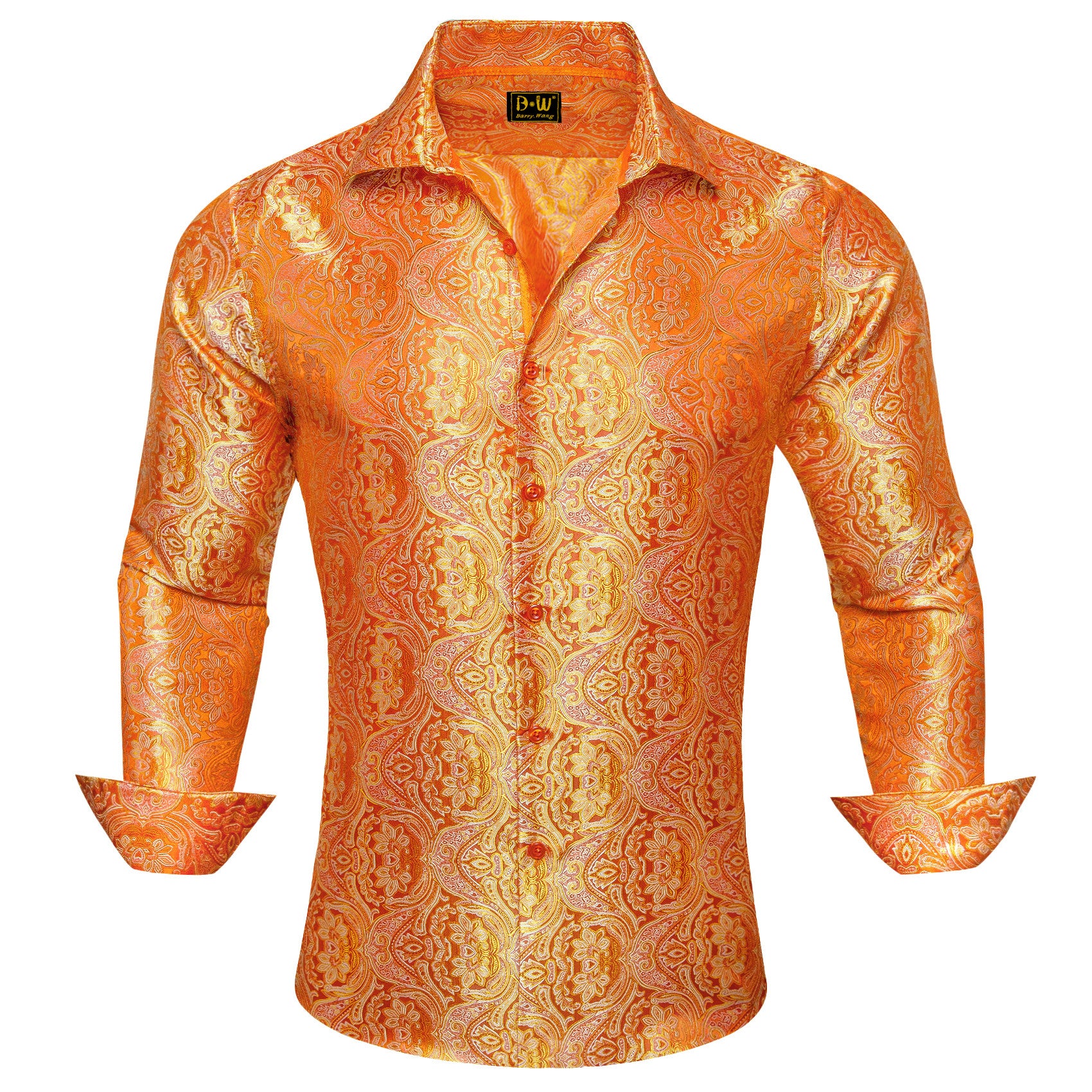 Barry. Wang Mens Dress Shirt Orange Floral Button Down Silk Long Sleeve Shirt