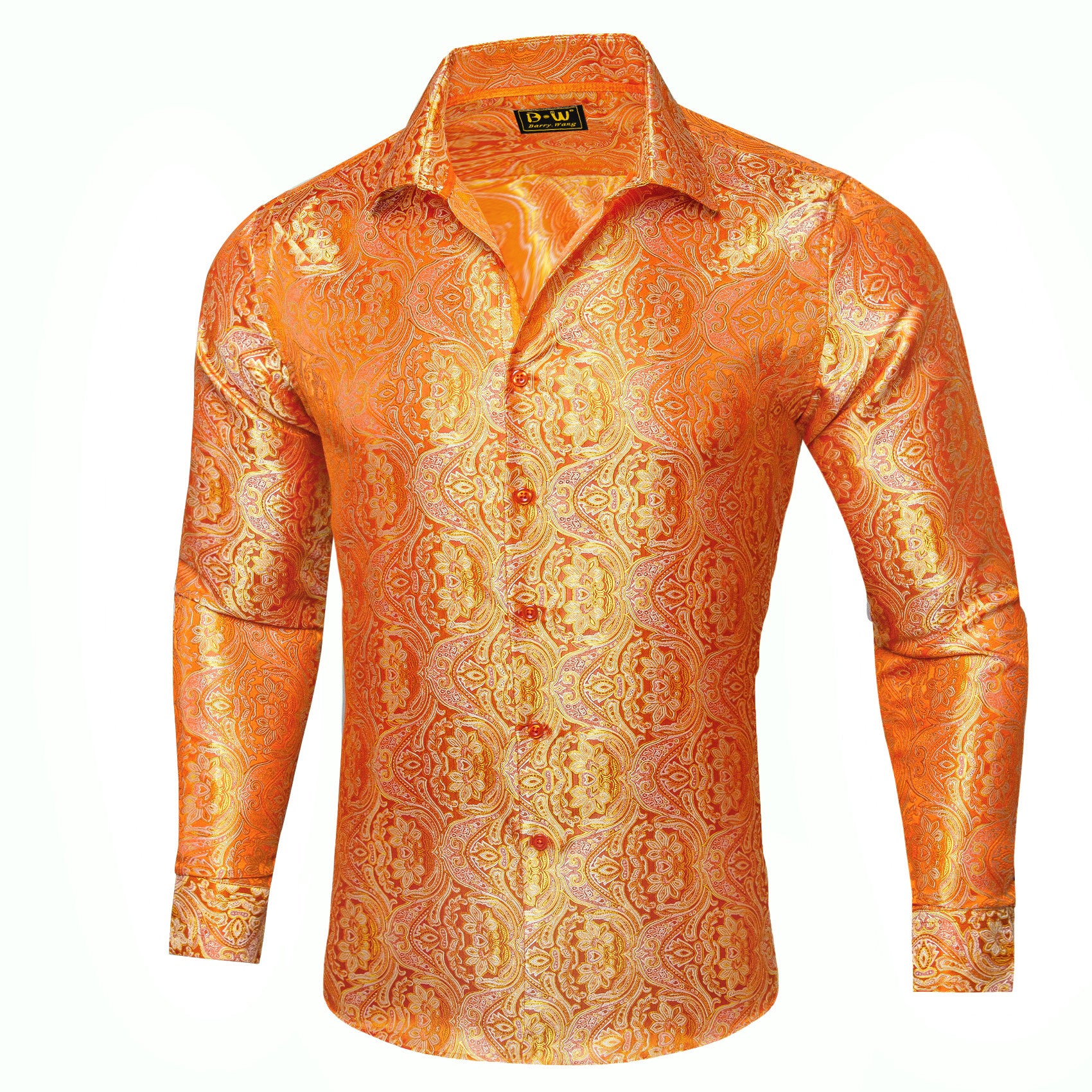 Barry. Wang Mens Dress Shirt Orange Floral Button Down Silk Long Sleeve Shirt