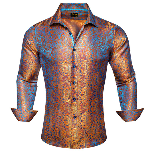 Barry. Wang Gold Western Dress Shirt Floral Jacquard Casual Long Sleeve Shirt