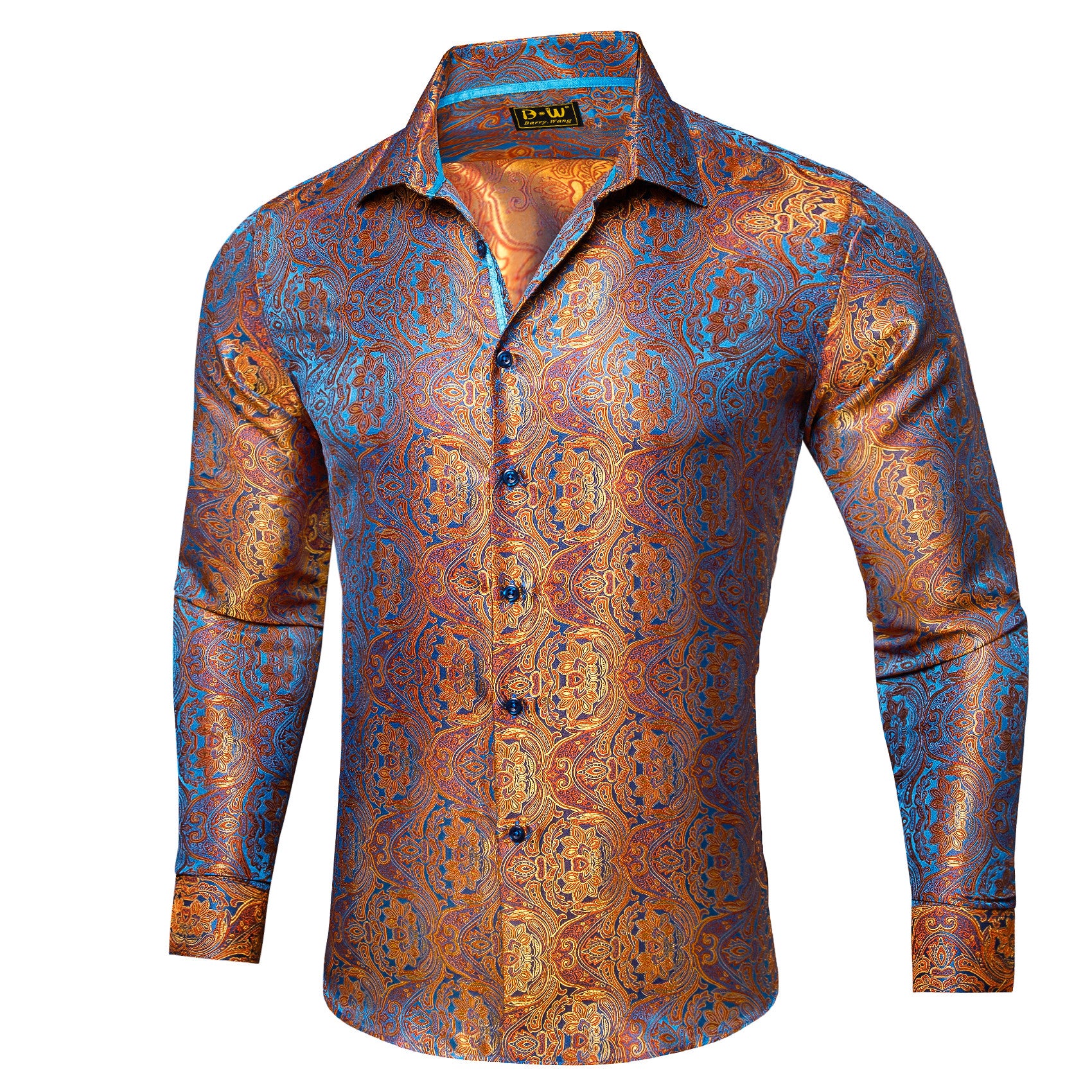Barry. Wang Mens Button Down Shirt Orange Blue Floral Casual Silk Long Sleeve Dress Shirt