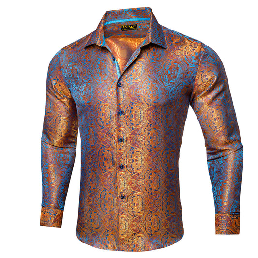 Barry. Wang Gold Western Dress Shirt Floral Jacquard Casual Long Sleeve Shirt