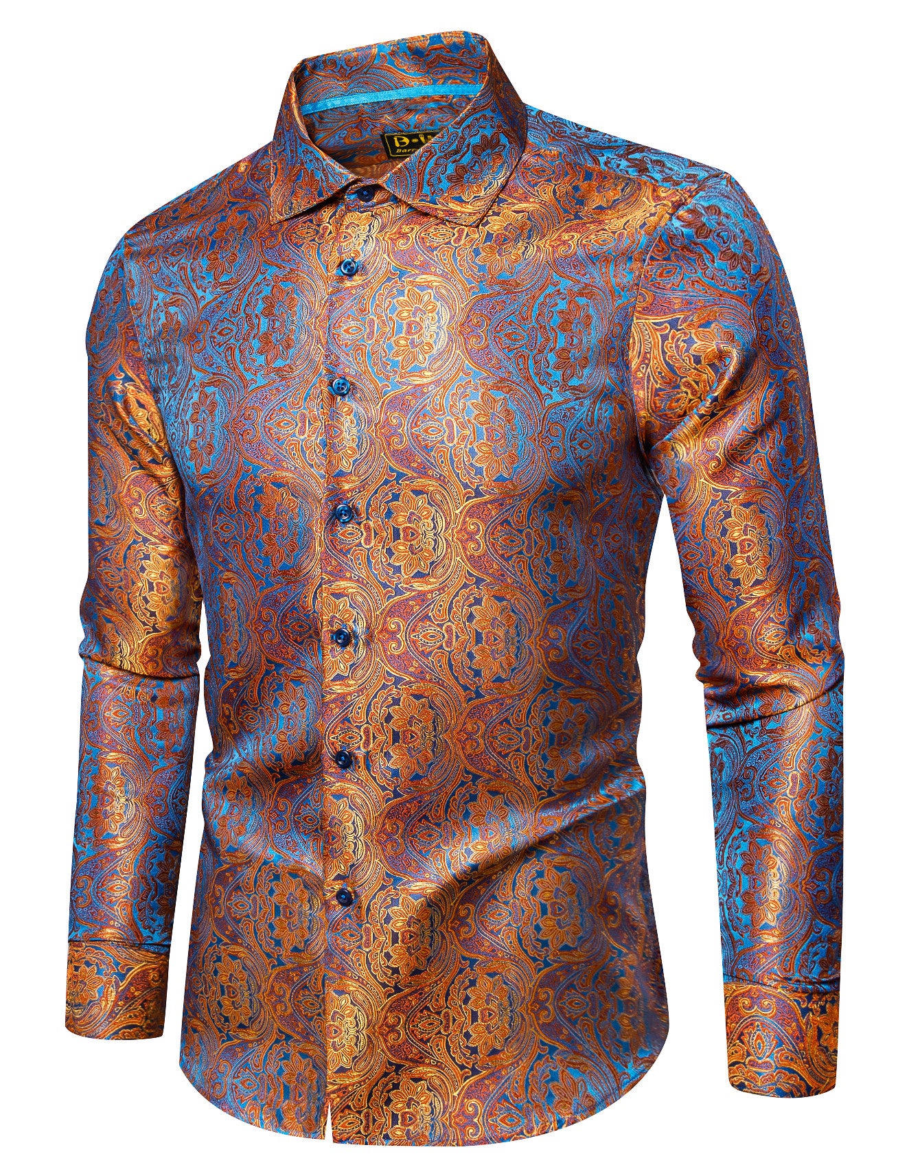 Barry. Wang Mens Button Down Shirt Orange Blue Floral Casual Silk Long Sleeve Dress Shirt