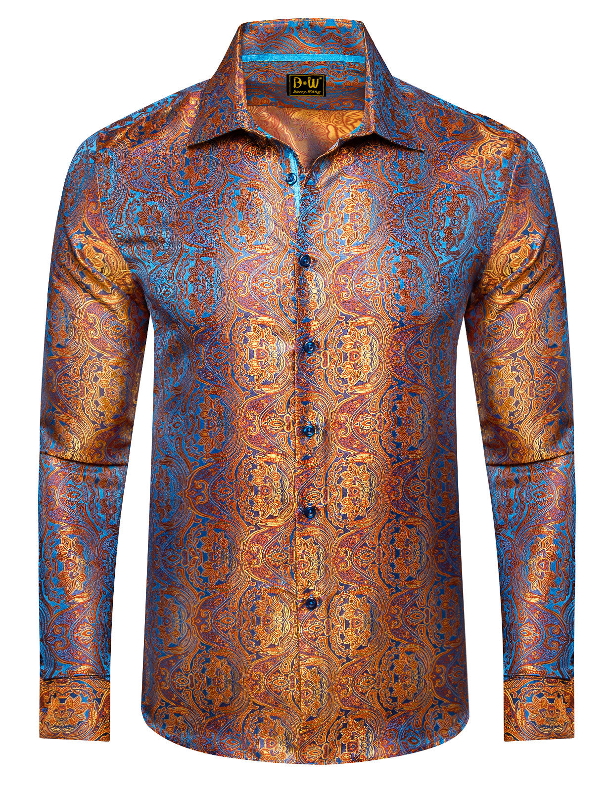 Barry. Wang Mens Button Down Shirt Orange Blue Floral Casual Silk Long Sleeve Dress Shirt
