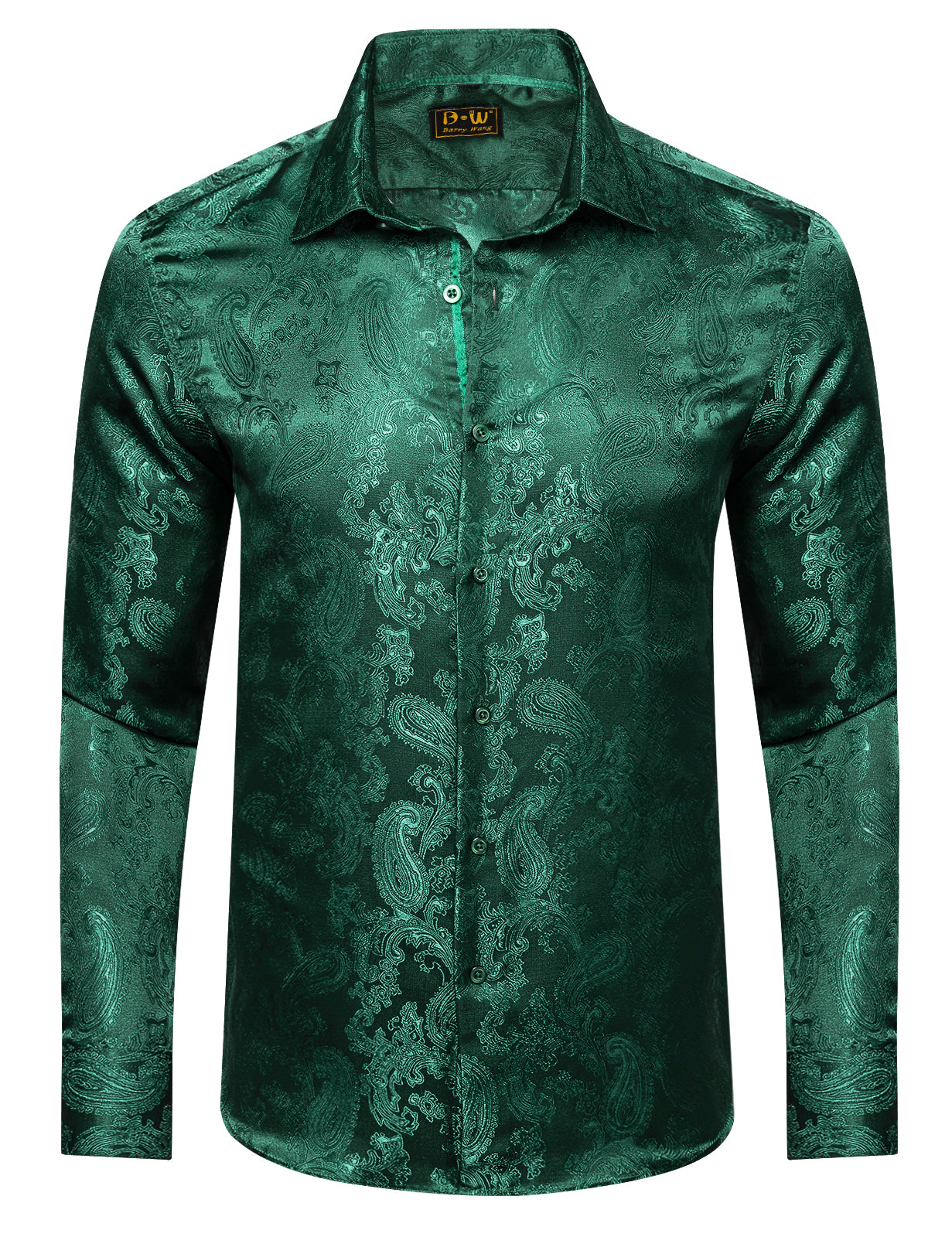 Barry. Wang Emerald Green Wedding Shirt for Men Paisley Silk Jacquard Wrinkle Long Sleeve Shirt, XL