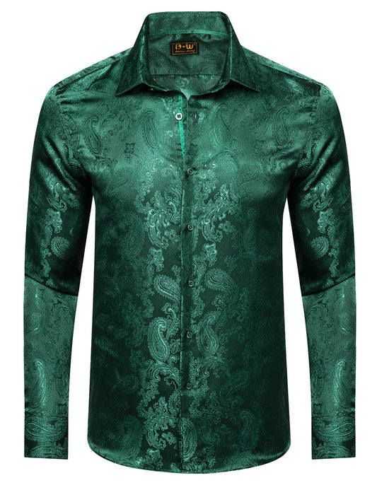 Barry. Wang Emerald Green Wedding Shirt for Men Paisley Silk Jacquard Wrinkle Long Sleeve Shirt
