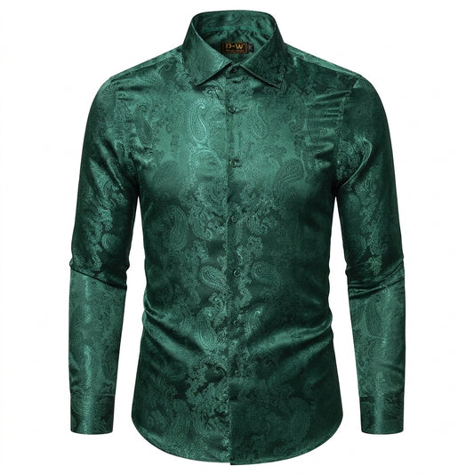 Barry. Wang Emerald Green Wedding Shirt for Men Paisley Silk Jacquard Wrinkle Long Sleeve Shirt