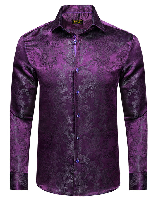 Barry. Wang Men's Purple Paisley Long Sleeve Shirt Silk Woven Wrinkle Button Up Casual Shirt