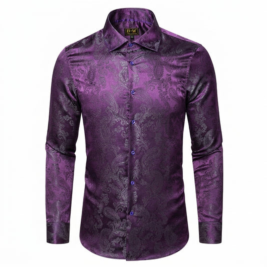 Barry. Wang Men's Purple Paisley Long Sleeve Shirt Silk Woven Wrinkle Button Up Casual Shirt