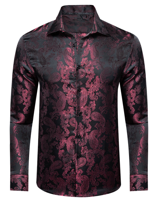 Barry. Wang Party Shirt for Men Vintage Paisley Outfit Silk Jacquard Burgundy Formal Shirts