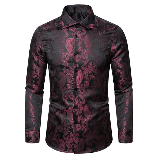 Barry. Wang Party Shirt for Men Vintage Paisley Outfit Silk Jacquard Burgundy Formal Shirts
