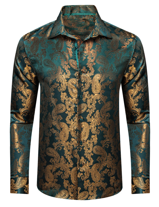 Barry. Wang Dark Green Party Long Sleeve Shirt for Men Paisley Silk Jacquard Wedding Shirt